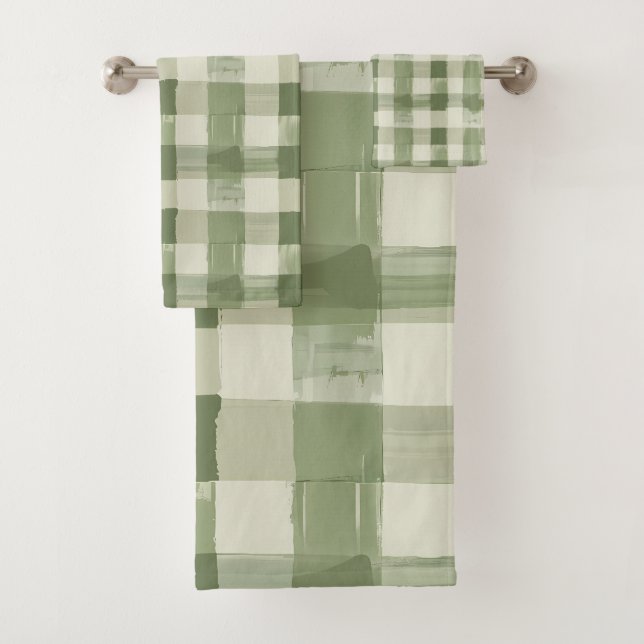 Olive Green Plaid Gingham Chequered Bathroom Bath Towel Set (Insitu)