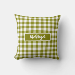 Olive Green Plaid Gingham Personalized Cushion