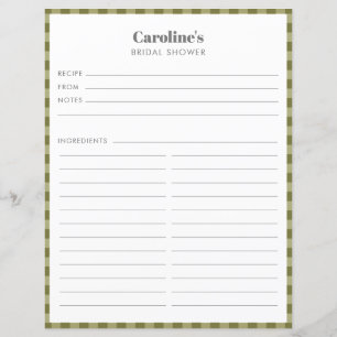 Olive Green Plaid Recipe Page Custom Bridal Shower