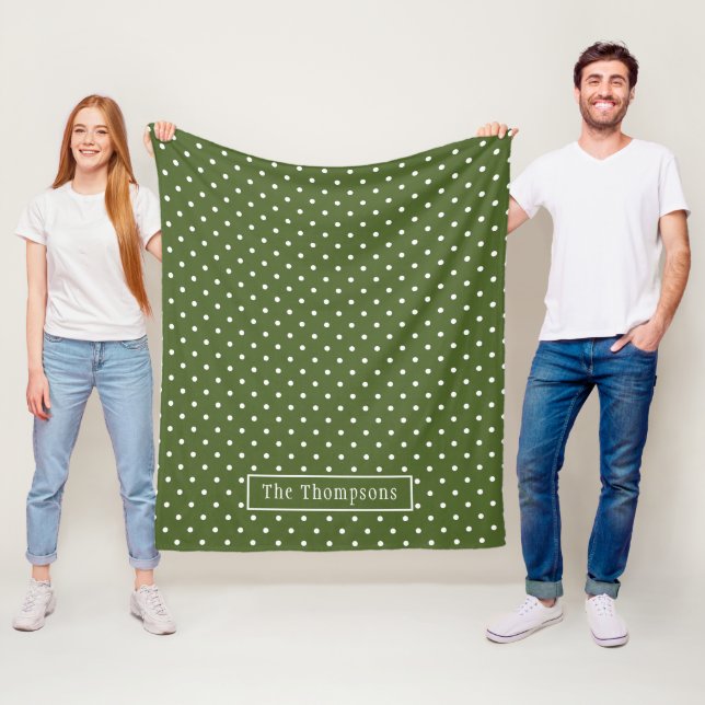 Olive Green Polka Dots Pattern With Custom Name Fleece Blanket (In Situ)