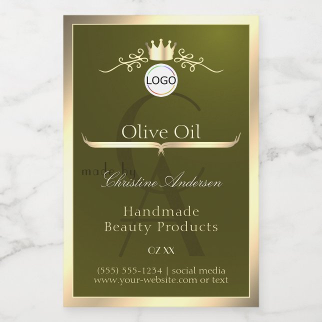 Olive Green Product Label Gold Frame Logo Monogram (Single Label)