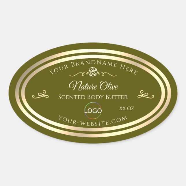 Olive Green Product Label with Gold Frame and Logo (Front)