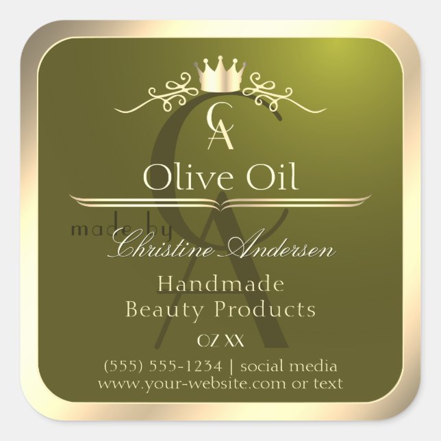 Olive Green Product Label with Gold Frame Monogram (Front)
