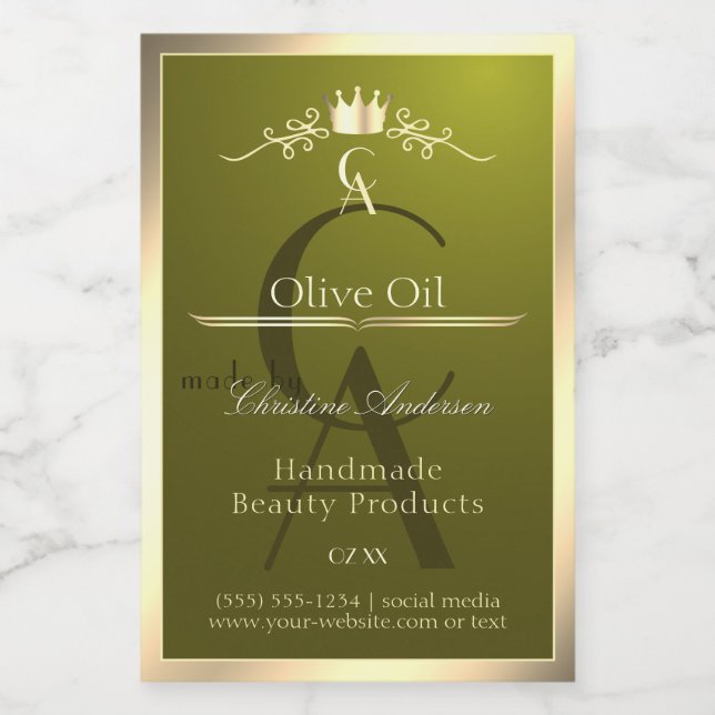 Olive Green Product Label with Gold Frame Monogram (Single Label)