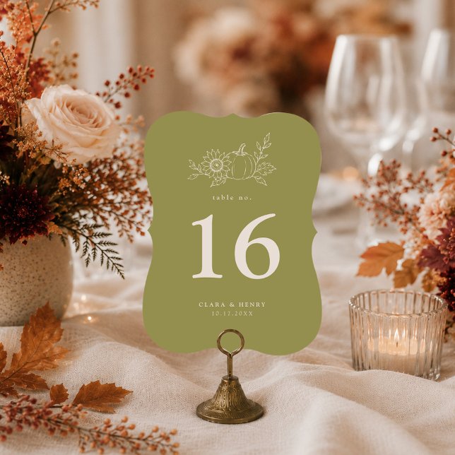 Olive Green Pumpkin Sunflower Die Cut Table Number (Creator Uploaded)