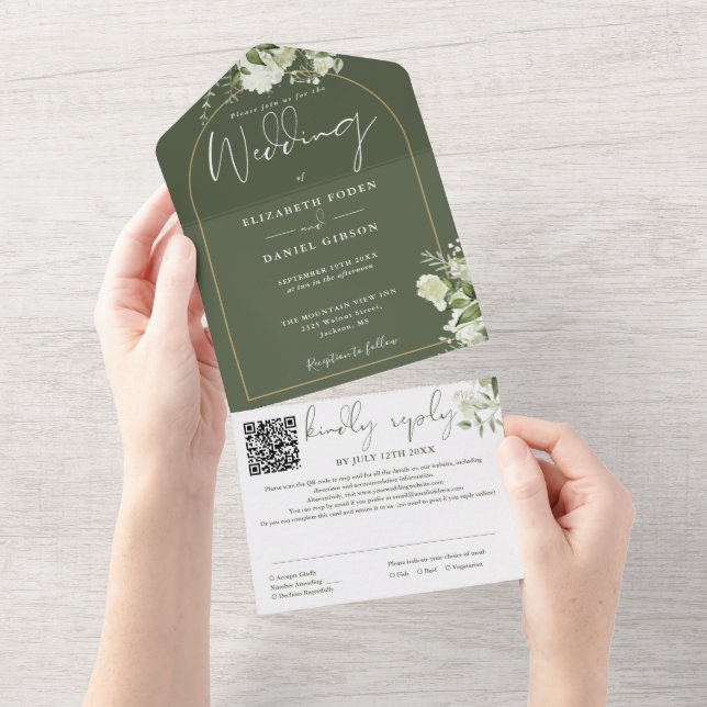 Olive Green QR Code Gold Arch Greenery Wedding All In One Invitation (Tearaway)