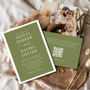Olive Green QR Code Photo Minimalist Wedding Invitation