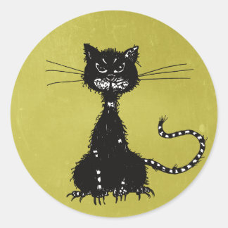 Olive Green Ragged Evil Black Cat Classic Round Sticker