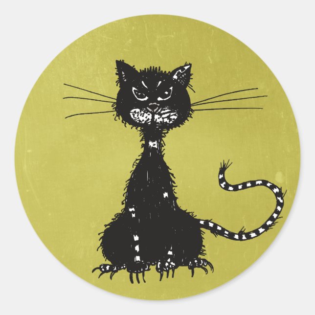 Olive Green Ragged Evil Black Cat Classic Round Sticker (Front)