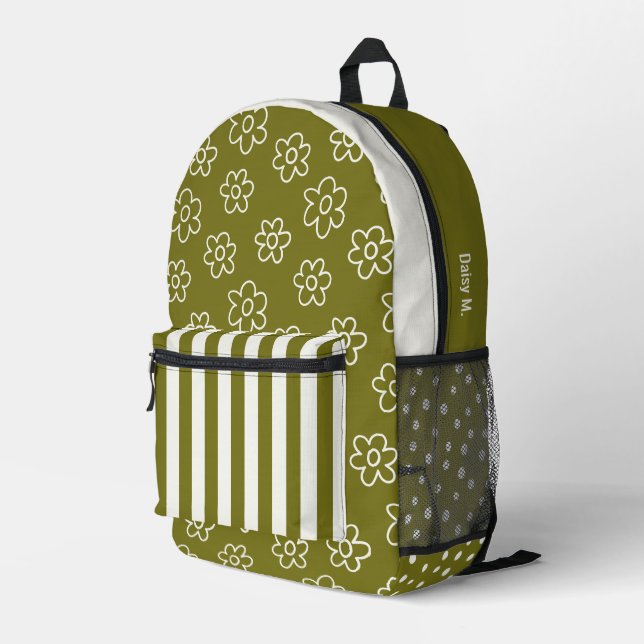 Olive Green Retro Daisy & Stripe Personalised Printed Backpack (Back Corner Right)