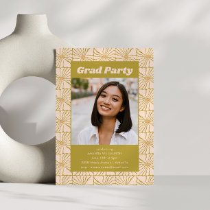 Olive Green Retro Floral Photo Graduation Party Invitation