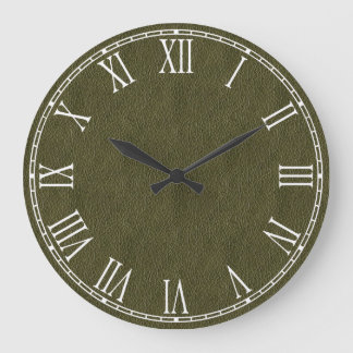 Olive Green Retro Grunge Leather Texture Large Clock