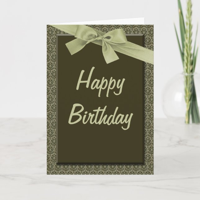 Olive Green Ribbon Happy Birthday Card (Front)
