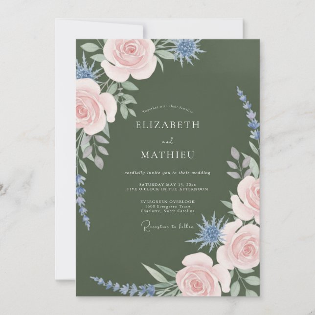Olive Green Romantic Botanical Wedding Invitation (Front)
