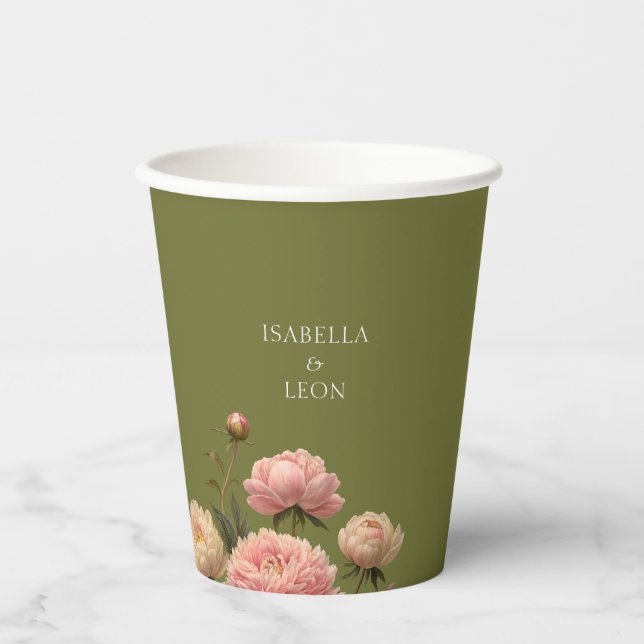 Olive Green & Rose Wedding  Paper Cups (Front)