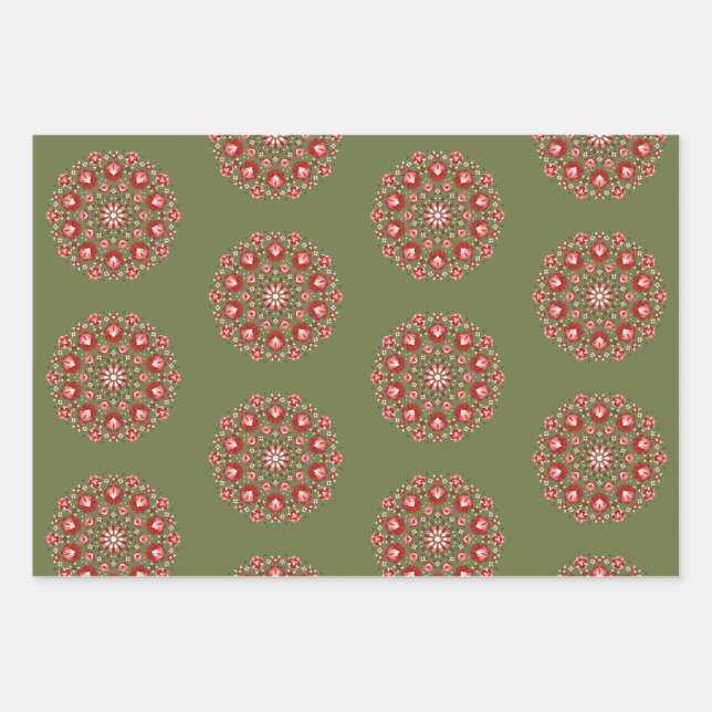 Olive green rosemaling  wrapping paper sheet (Front)