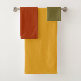 olive green, rust and yellow solid bath towel set