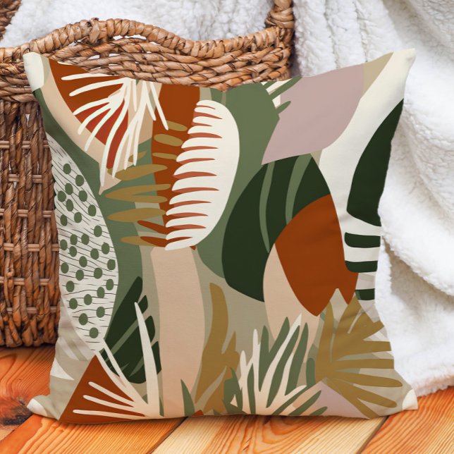 Olive Green Rust Sand Brown Tropical Abstract Cushion (Terracotta and olive green pillow)
