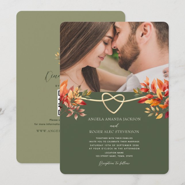 Olive Green Rustic Fall Photo Wedding Invitation (Front/Back)