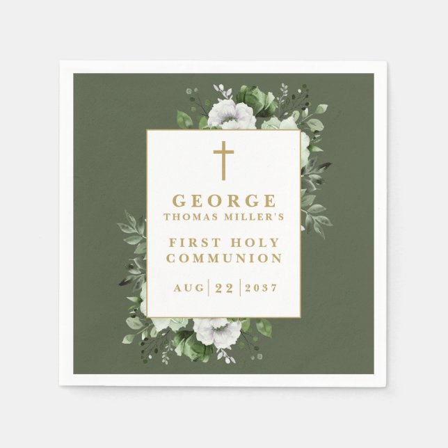 Olive Green Rustic Floral First Holy Communion Napkin (Front)