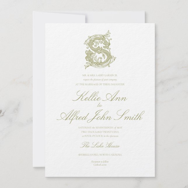 Olive Green "S" Monogram Wedding Invitation (Front)