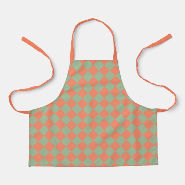 Olive Green Salmon Pink Chequered Diamond Pattern Apron (Front)