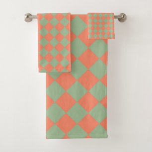 Olive Green Salmon Pink Chequered Diamond Pattern Bath Towel Set