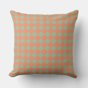 Olive Green Salmon Pink Chequered Diamond Pattern Cushion