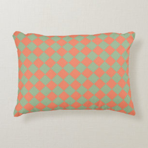 Olive Green Salmon Pink Chequered Diamond Pattern Decorative Cushion