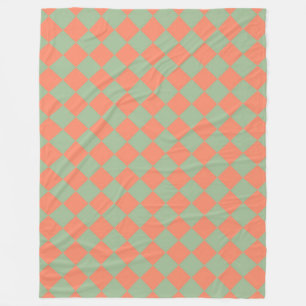 Olive Green Salmon Pink Chequered Diamond Pattern Fleece Blanket