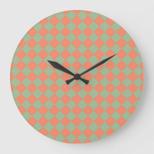 Olive Green Salmon Pink Chequered Diamond Pattern Large Clock