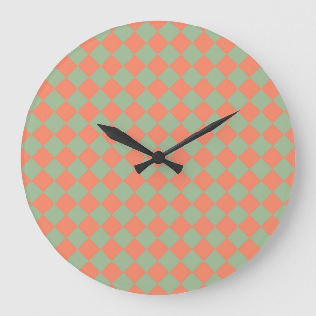 Olive Green Salmon Pink Chequered Diamond Pattern Large Clock (Front)