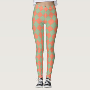 Olive Green Salmon Pink Chequered Diamond Pattern Leggings