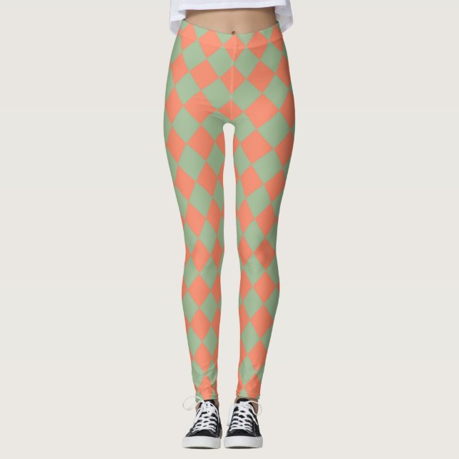 Olive Green Salmon Pink Chequered Diamond Pattern Leggings (Front)