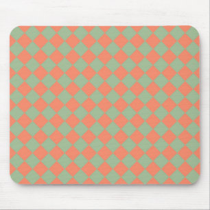 Olive Green Salmon Pink Chequered Diamond Pattern Mouse Mat