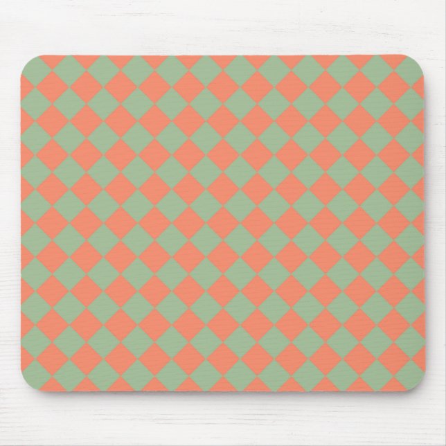 Olive Green Salmon Pink Chequered Diamond Pattern Mouse Mat (Front)