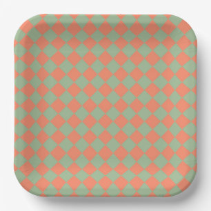 Olive Green Salmon Pink Chequered Diamond Pattern Paper Plate