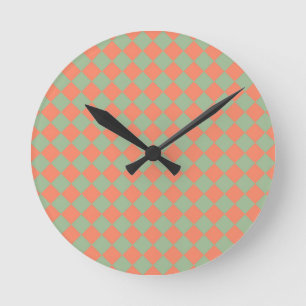Olive Green Salmon Pink Chequered Diamond Pattern Round Clock