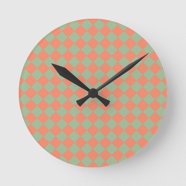 Olive Green Salmon Pink Chequered Diamond Pattern Round Clock (Front)