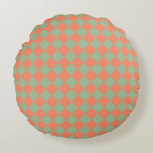 Olive Green Salmon Pink Chequered Diamond Pattern Round Cushion