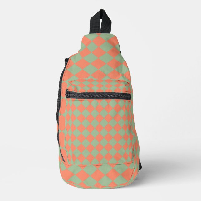 Olive Green Salmon Pink Chequered Diamond Pattern Sling Bag (Front)