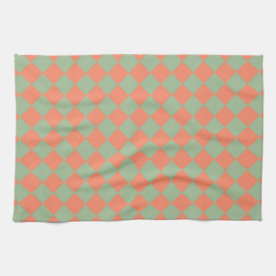 Olive Green Salmon Pink Chequered Diamond Pattern Tea Towel