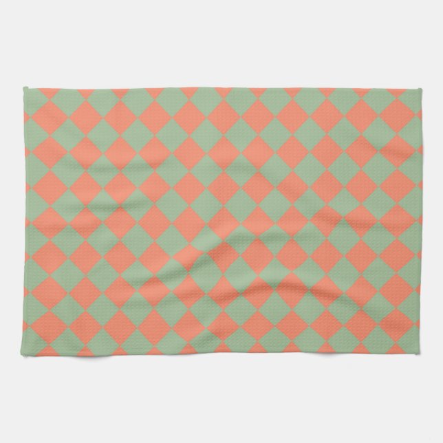 Olive Green Salmon Pink Chequered Diamond Pattern  Tea Towel (Horizontal)