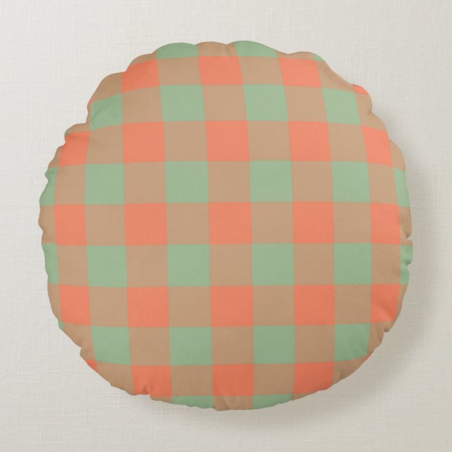 Olive Green Salmon Pink Plaid Chequered Pattern Round Cushion (Front)