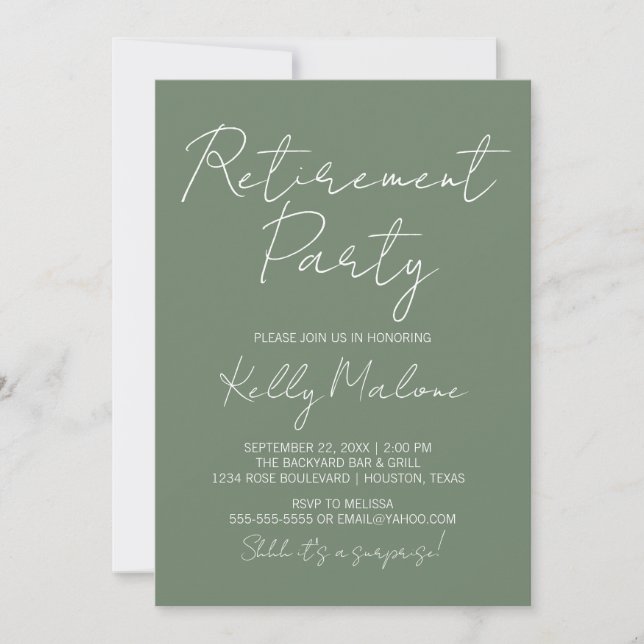 Olive Green Script Retirement Party Invitation (Front)