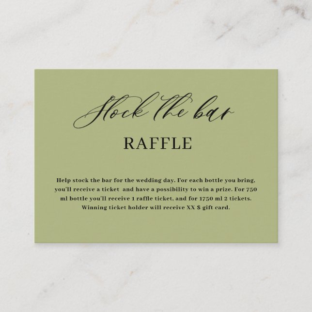 Olive  Green Script Stock the bar Bridal Shower  Enclosure Card (Front)