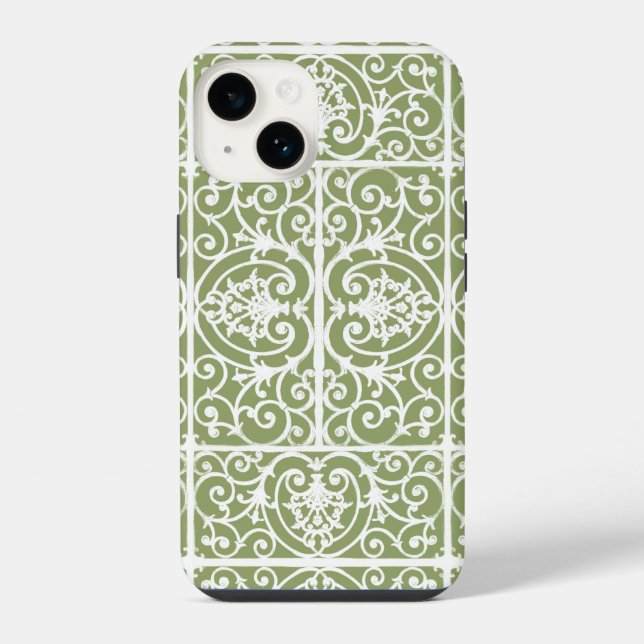 Olive green scrollwork pattern iPhone case (Back)
