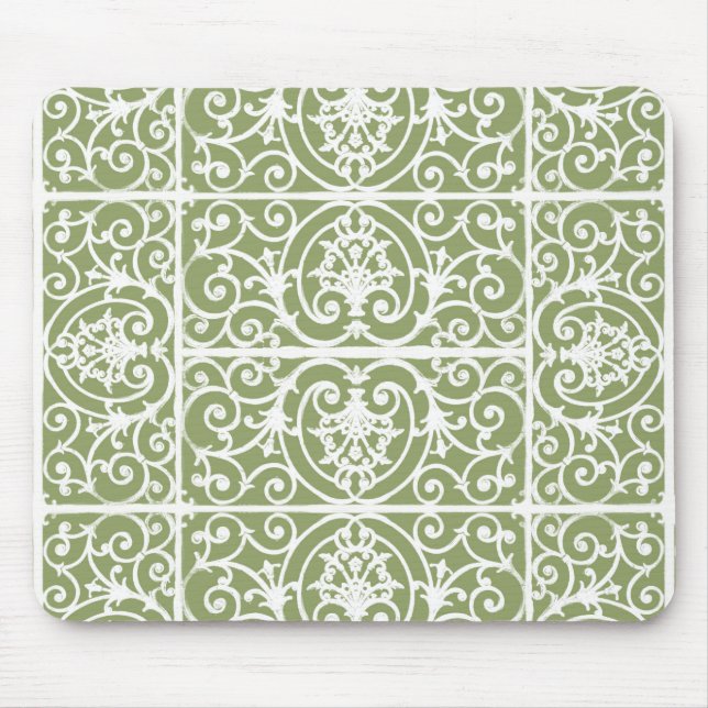 Olive green scrollwork pattern mouse mat (Front)