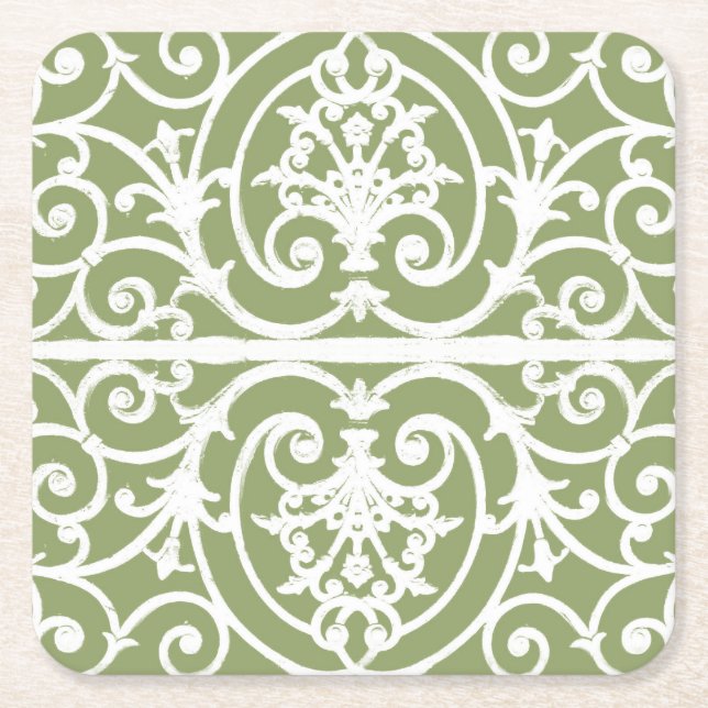 Olive green scrollwork pattern square paper coaster (Front)