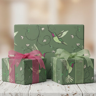 Olive Green Shamrock Vine Hummingbird Pattern Wrapping Paper